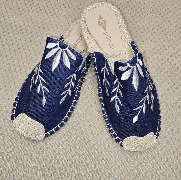 Jolimall Women Slip on Denim  Woven Embroidered Flat Slides Size 8 Blue - Picture 6 of 9